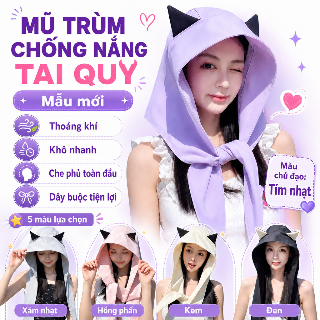 Mũ Chống Nắng Tai Mèo Dễ Thương – Nón Trùm Đầu Chống UV, Form Rộng, Che Cổ, Phong Cách Hàn Quốc, Gấp Gọn