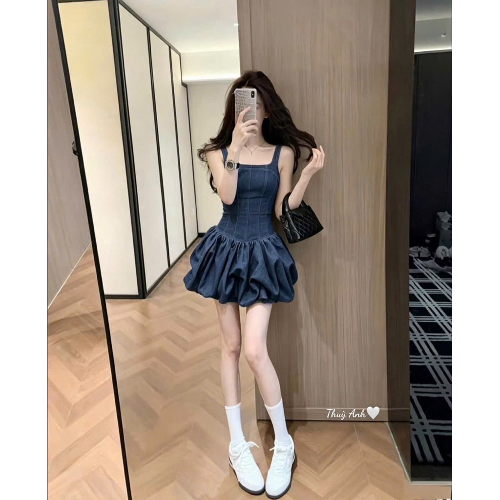 ĐẦM JEAN 2 DÂY XOÈ FORM BÍ, 1màu BYJOLIE