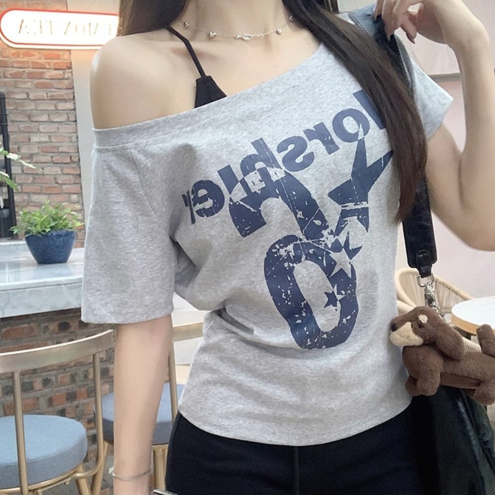 Áo đeo vai METUBE, Áo ngắn tay in chữ Y2k, Áo Crop top cổ xiên cơ thể gợi cảm Trang phục mùa hè