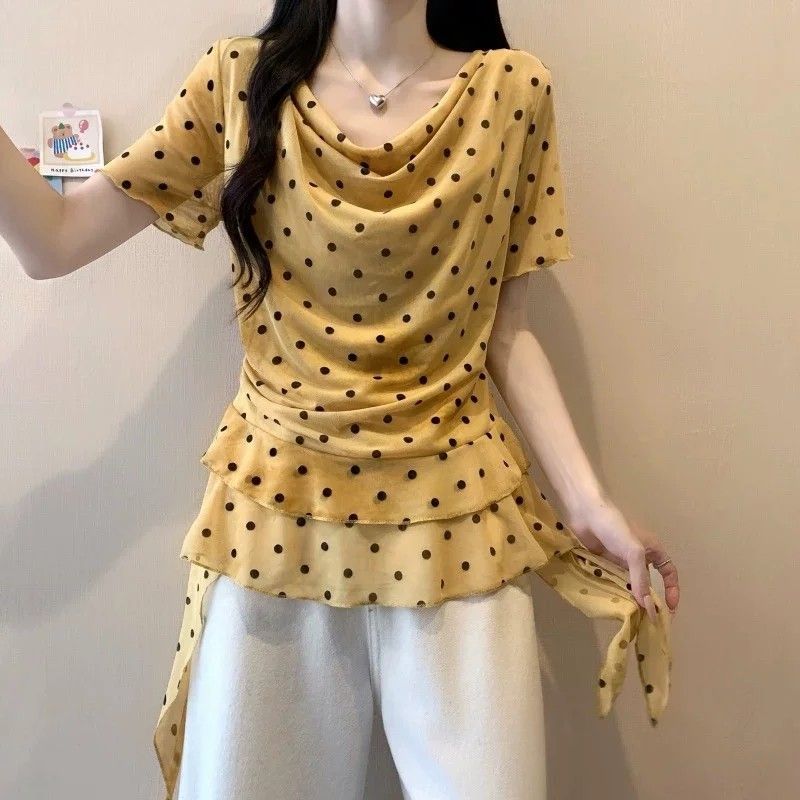 Milyfashion Cổ Xoay Chấm Bi Không Đều Lá Sen Khâu Áo Thun Tay Ngắn Mùa Hè Phong Cách Mới Mỏng