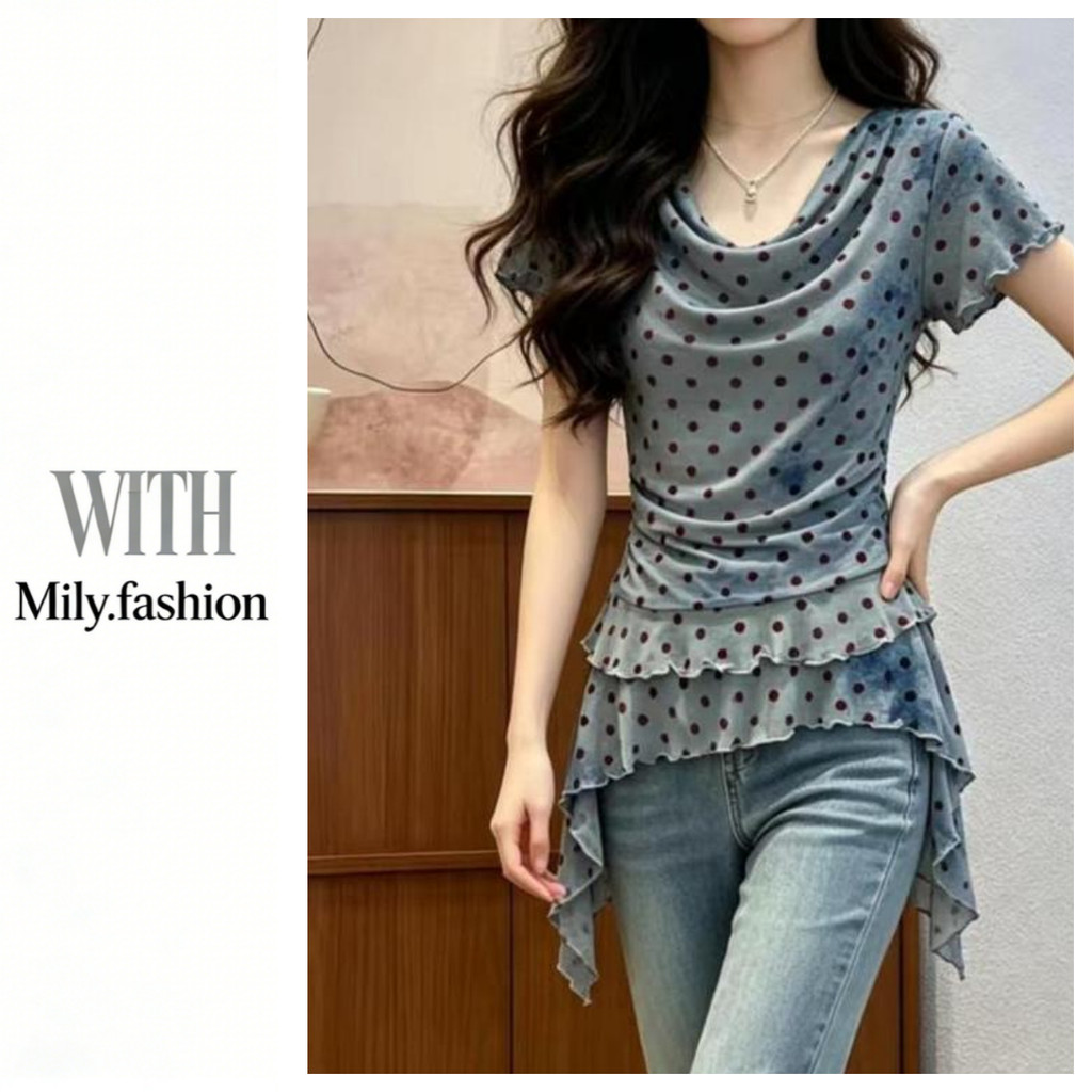 Milyfashion Cổ Xoay Chấm Bi Không Đều Lá Sen Khâu Áo Thun Tay Ngắn Mùa Hè Phong Cách Mới Mỏng