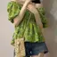 Quần áo mùa hè mm béo nữ Phong cách mới Pháp Tay phồng siêu cổ tích Áo sơ mi hoa cổ vuông hợp thời trang một vai