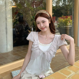 Set Áo Thun Nữ 2 Lớp Tay Phồng Buộc Dây Xếp Ly Croptop Ôm Dáng Tiểu Thư Hàn Quốc Mùa Hè