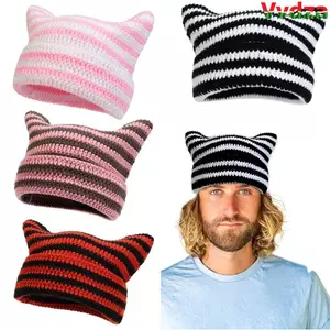 VVDZA Ins Mũ sọc quỷ nhỏ, Y2K Harajuku Giữ ấm Mũ beanie Nhật Bản, Tai mèo dễ thương thời trang Unisex Punk Gothic Mũ beanie dệt kim nữ