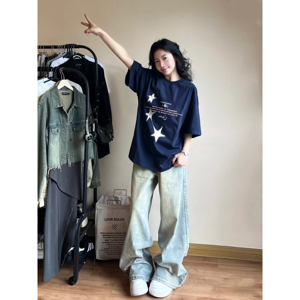 （Giao hàng 24h）Angela áo phông nữ cotton 100% Xanh đậm fashion  form rộng  áo style salute mùa hè  áo thun local brand