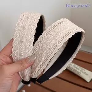 Băng đô WANYEDI, Vòng tóc chống trượt màu be, Dây buộc tóc viền rộng ren thanh lịch Phụ kiện tóc nữ