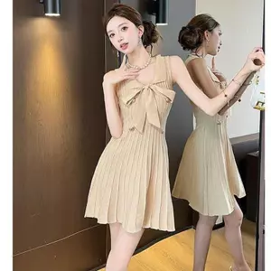 K Dệt Kim Tính Khí Con Gái Phong Cách Kaki Nơ Đầm Nữ Mùa Hè Khóa Kim Loại Co Giãn Xếp Ly Váy