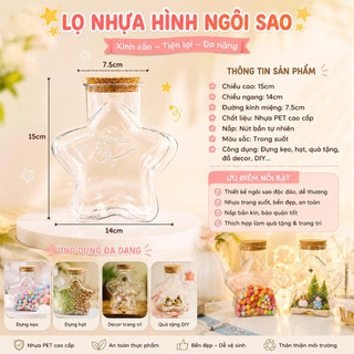 Lọ Nhựa Trong Suốt Hình Ngôi Sao Nắp Bần Đựng Kẹo, Hoa Khô Trang Trí