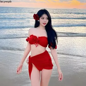 LACYES Bộ đồ bơi 3 chiếc, có kẹp tóc hoa Slim Fit Bộ đồ Bikini ba mảnh, Thời trang Y2k Mùa hè Ruffle Quần áo đi biển Quần áo bể bơi