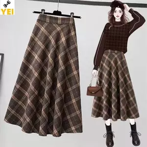 < YEI > Váy dài lưng co giãn cổ điển kẻ sọc thời trang Váy dài eo cao dành cho nữ mới
