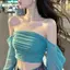 Áo crop top lưới lệch vai mùa hè dài tay ngày lễ ngọt ngào xếp li mới