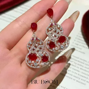 {Red Rhyme Zhuhua} Mới Phong Cách Trung Hoa Nhấp Nháy Full Kim Cương Rỗng Rắn Bầu Bông Tai Tính Khí Retro Bông Tai Giá Trị Cao 6.8