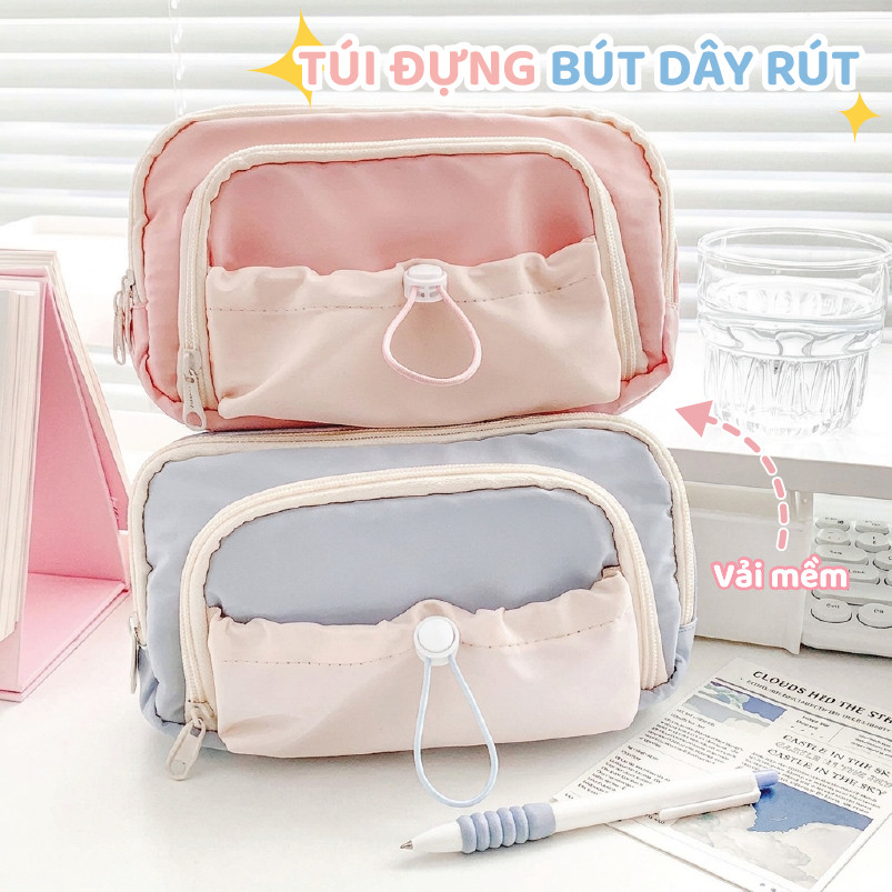 Túi Bút Vải Basic Nhiều Ngăn Dung Tích Lớn – Hộp Bút Học Sinh Đựng Thước 20cm, Máy Tính, Dây Rút Dễ Thương