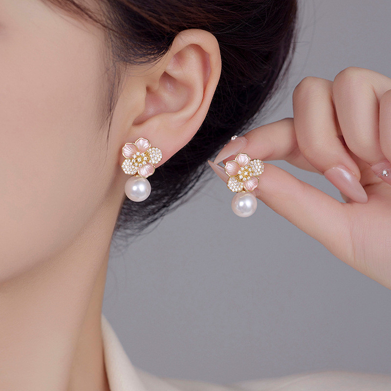 Bông tai nữ bạc ngọc trai hoa thanh lịch s925