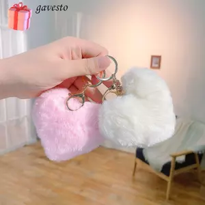 Mặt dây chuyền túi sang trọng GAVESTO, Móc chìa khóa bóng lông thỏ giả lông tơ, Phụ kiện túi trái tim tình yêu Vòng chìa khóa ô tô màu trơn