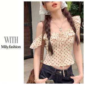 Milyfashion Mùa Hè Phong Cách Mới Tinh Khiết Desire Lá Sen Dây In Chấm Bi Phối Ren Ngắn Top AWMC