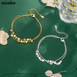 Vòng tay ngôi sao NICOLOO, Vòng tay đính cườm hai lớp sang trọng, Vòng tay quyến rũ đa năng màu vàng / bạc có thể điều chỉnh