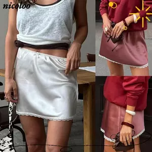 Váy nửa ren NICOLOO, Váy Mini màu trắng lưng thun Satin gợi cảm, Váy chắp vá ren mỏng eo cao mềm mại