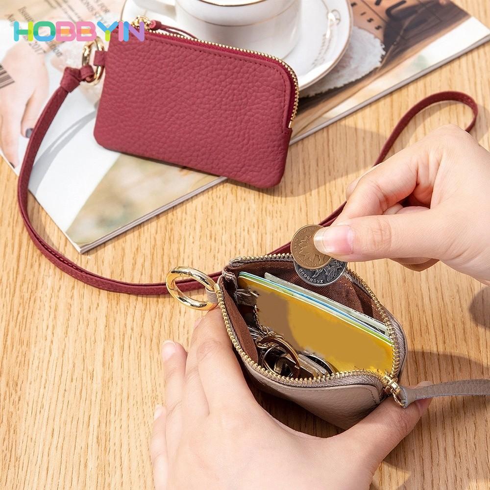 HOBBYIN Kẹp tiền HOBBYIN, Ví ngắn họa tiết vải thiều da bò, Dung tích lớn thời trang có dây đeo vòng cổ Ví đựng tiền xu màu trơn dành cho nữ