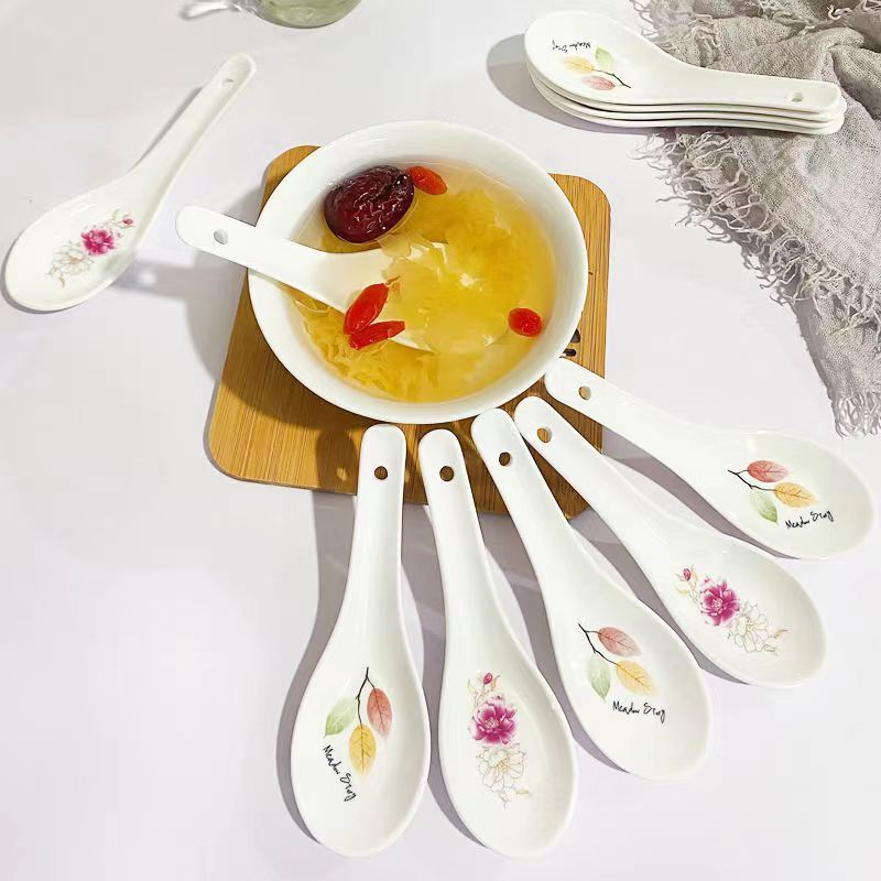 Thìa Canh Gốm Đáy Bằng Thìa Hộ Gia Đình Thìa Uống Súp Khách Sạn Nhà Hàng Xương Trung Quốc Thìa Sáng Tạo Hai Kim
