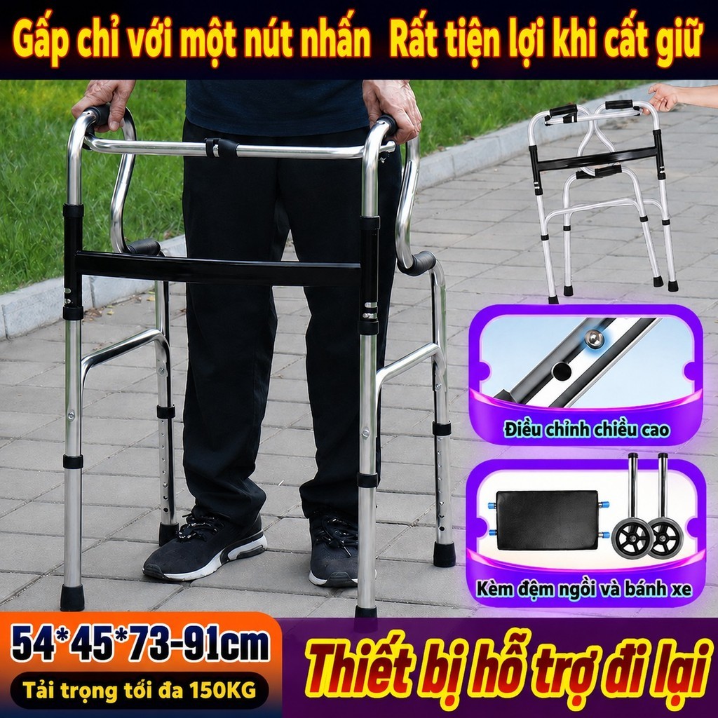 Khung tập đi cho người già có bánh xe🪑có ghế ngồi – khung inox chắc chắn phục hồi chức năng hiệu quả tại nhà
