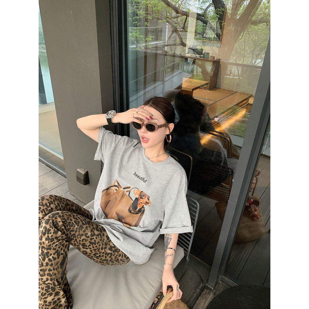 Milyfashion Phong Cách Hàn Quốc Puppy In Hình Vai Chính Hãng Rời Áo Thun Tay Ngắn Mùa Hè Phong Cách Mới Lười Tất Cả Trận Đấu Cotton Nguyên Chất Top oversize 76IS
