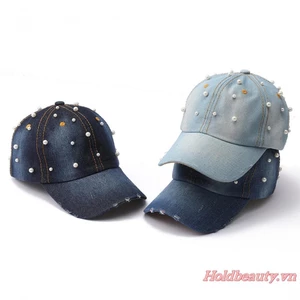 Mũ bóng chày Denim nữ giả ngọc trai trang trí mũ đau khổ cho du lịch ngoài trời