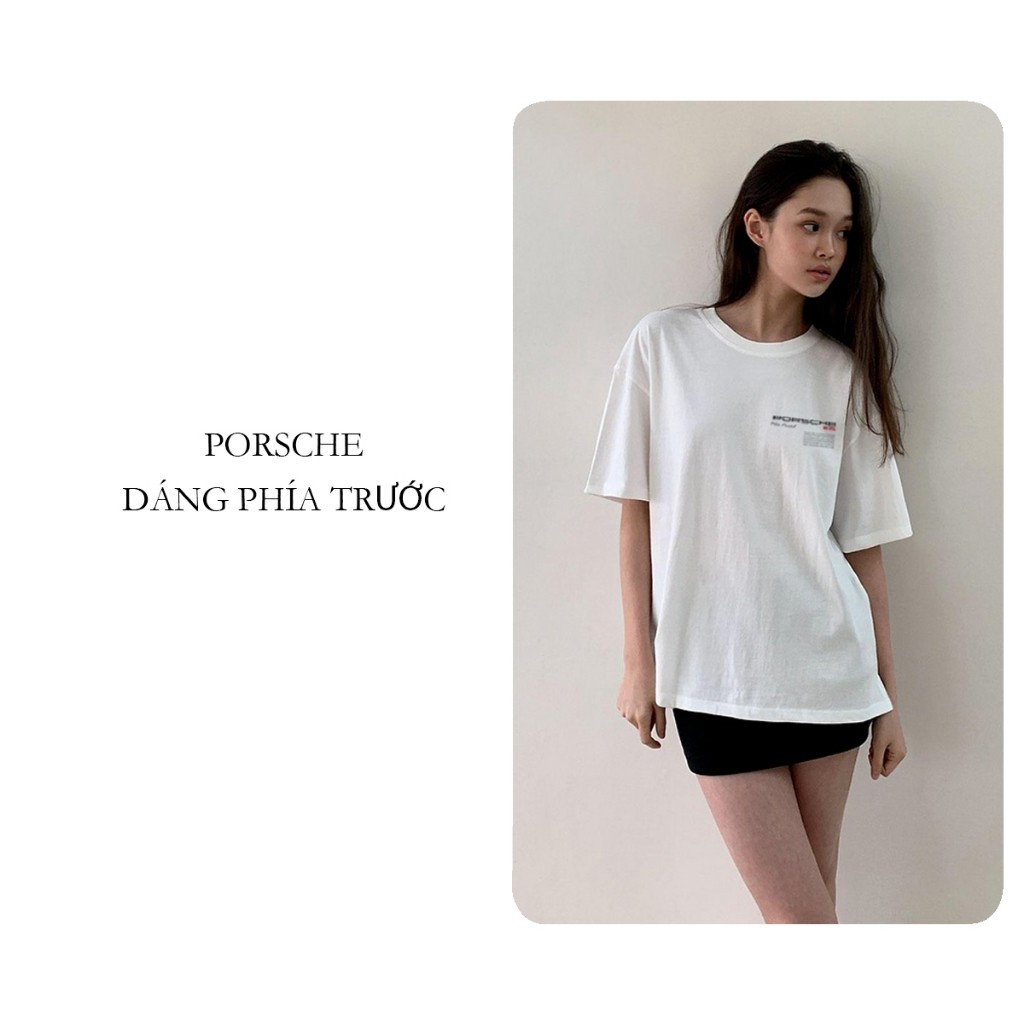 （Giao hàng 24h）Angela Áo thun nữ PORSCHE form rộng , áo phông basic unisex 260gsm cotton oversize đen