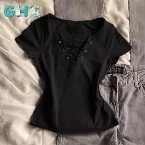 GHX American Gợi Cảm V-ne Phối Ren Thời Trang Nữ Y2K Áo Thun Nữ Tay Ngắn Slim VN