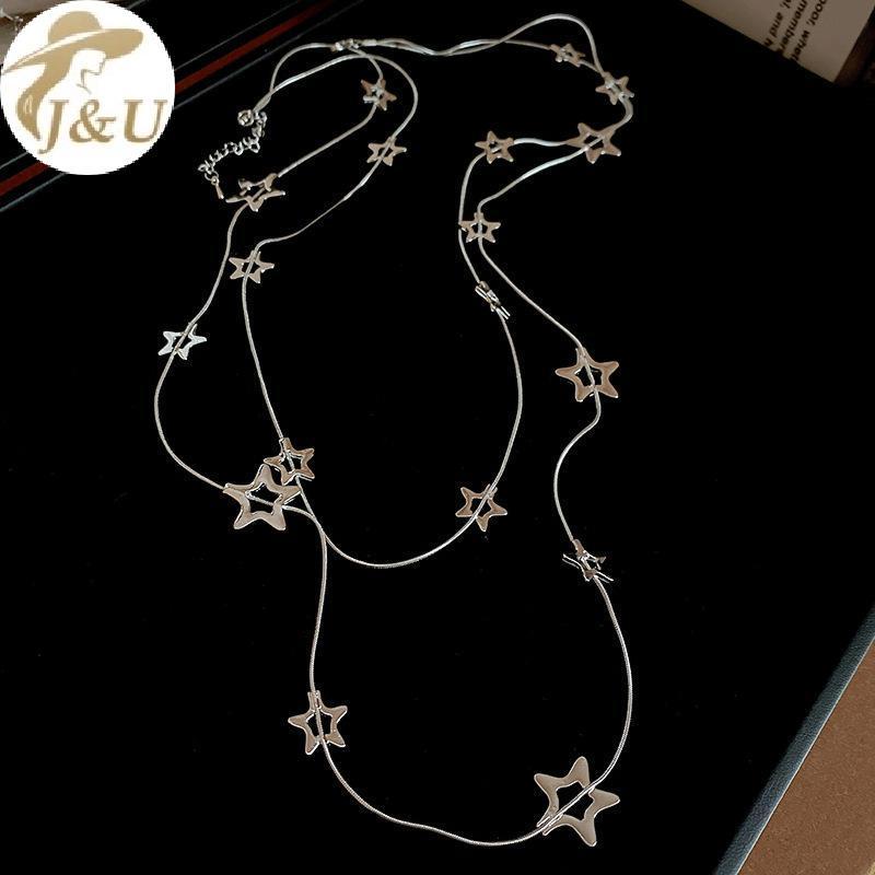 JU Sliver Màu Rỗng Ngôi Sao Năm Cánh Dài Hai Lớp Nelace Dành Cho Nữ Tính Khí Cá Tính Dây Chuyền Áo Len VN
