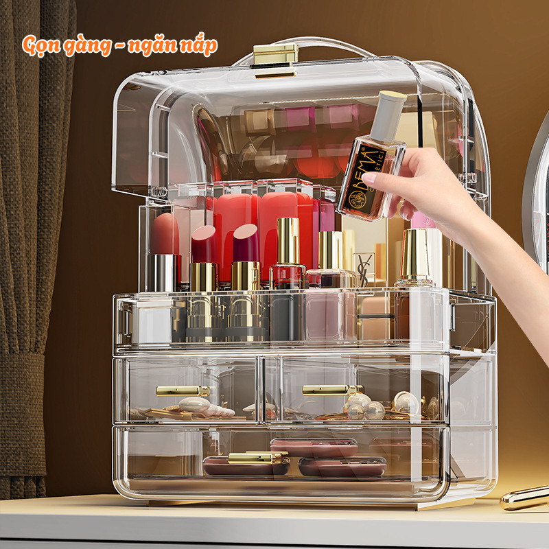 Tủ Đựng Mỹ Phẩm HomeMate Trong Suốt Acrylic Có Tay Cầm, Kệ Makeup Nhiều Ngăn Có Nắp Chống Bụi Cao Cấp