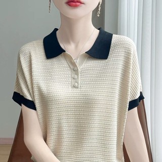 Dệt Kim Nữ Tay Ngắn Cổ Áo Polo Mùa Hè Mỏng Hơn Nhìn Đơn Giản Đi Lại Áo Thun 2026 Phong Cách Mới Hàng Đầu