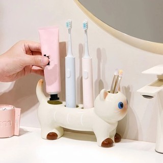 Giá đỡ bàn chải đánh răng bằng gốm SENRTY, Giá đỡ bàn chải đánh răng điện hoạt hình hình hình chó mèo, Tiết kiệm không gian 4 lỗ Bàn chải đánh răng không thấm nước Giá lưu trữ phòng tắm