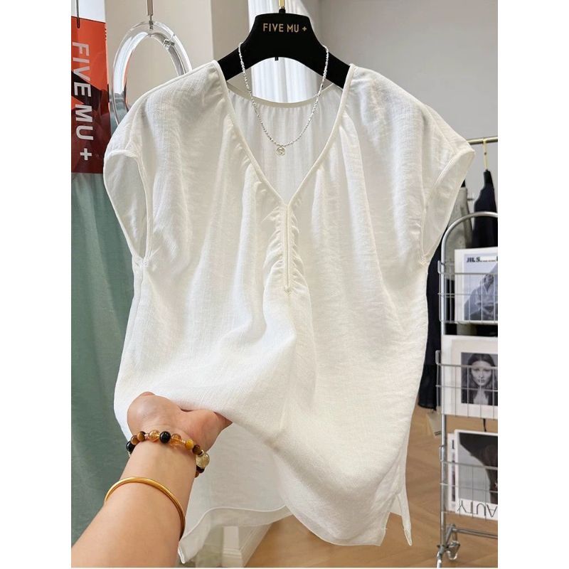 [Khuyến mãi trong thời gian có hạn] Áo thun ngắn tay sang trọng cao cấp dành cho nữ mùa hè dáng rộng thon gọn hơn cổ chữ V mỏng màu trơn hàng đầu