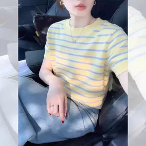 Mùa Xuân Màu Sắc Tươi Sáng Ngắn Tay Tương Phản Màu Sọc Thiết Kế Rời Thoải Mái Sức Sống Giảm Tuổi