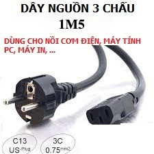 Dây nguồn 3 chấu nồi cơm điện, ấm siêu tốc, nguồn máy vi tính, máy in dây dài  - 1m5