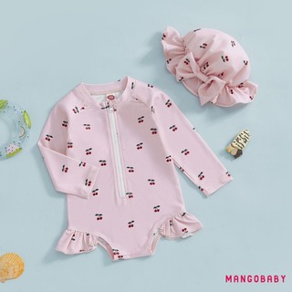 MG-Baby Girl Rash Guard Đồ bơi dài tay Nơ / Bộ đồ tắm in hình anh đào Đồ bơi trẻ sơ sinh có mũ chống nắng