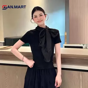 AN.MART Mùa Hè Pháp Ngọt Ngào Satin Nơ Ren-up Slim Tay Ngắn Dệt Kim Áo Thun Nữ VN