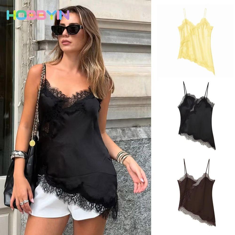 Áo chắp vá ren HOBBYIN cổ chữ V hở lưng, thiết kế không đối xứng gợi cảm, phù hợp cho bữa tiệc.