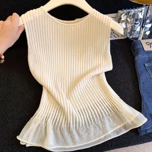 Áo Vest dệt kim cổ tròn thiết kế thích hợp cho nữ mùa hè xù lưới khâu sang trọng Slimer Look Top