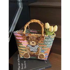 Gấu Dễ Thương Túi Dệt Nữ Mùa Hè Phong Cách Mới Đi Biển Kỳ Nghỉ Ống Hút Túi Đi Biển Siêu Nóng Tre Di Động Giỏ Rau