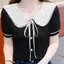 ECK Mùa Hè Hàn Quốc Ngọt Nơ Buộc Ruffle Cổ Búp Bê Tay Ngắn Đa Năng Dệt Kim Áo Sơ Mi Nữ HOT