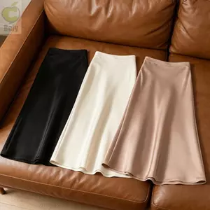 Váy Satin ROLY, Váy cạp cao bằng axit axetic Satin mỏng vừa vặn, Thiết kế ôm hông thanh lịch Hàn Quốc Váy Midi vải màu trơn mùa xuân hè