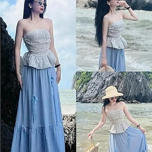 Set váy thiết kế thời trang nữ cho nàng di du lịch, đi biển siêu xinh, áo ống dáng peplum hoa nhí phối chân váy dà