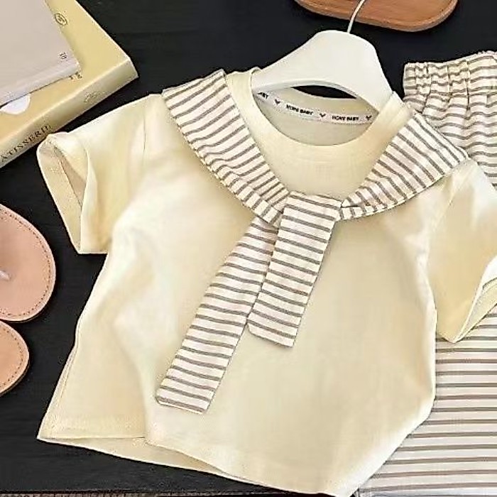 Áo thun ngắn tay Dopamine cho bé gái Khăn choàng sọc nửa tay cho trẻ em