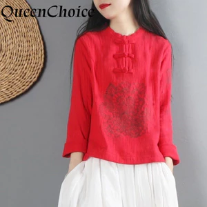Áo Sơ Mi Nữ Dài Tay Mùa Xuân Màu Đỏ Chắc Chắn Nữ Thường Ngày Trung Quốc Vintage Sườn Xám Áo Sơ Mi