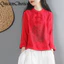 Áo Sơ Mi Nữ Dài Tay Mùa Xuân Màu Đỏ Chắc Chắn Nữ Thường Ngày Trung Quốc Vintage Sườn Xám Áo Sơ Mi