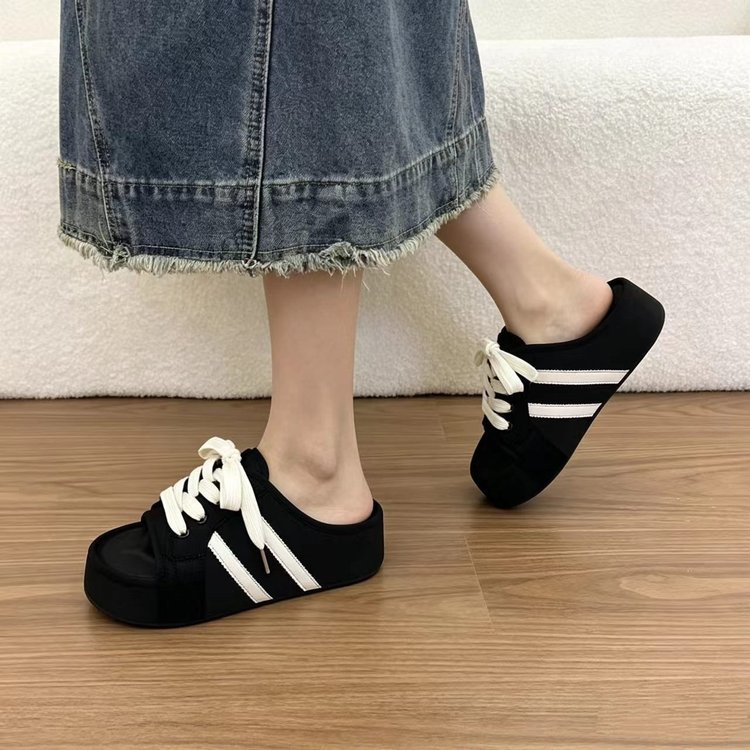 Mùa Hè Phong Cách Hàn Quốc Niche Mũi Tròn Đế Dày Mặc Bên Ngoài Dép PU Nữ Nâng Cao Chống Trơn Trượt Thoải Mái