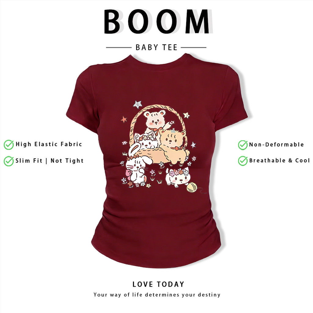BOOM Áo Baby Tee Nữ Cotton Ôm Body-Áo Thun Ngắn Tay Y2K In Hình PhongCách Mùa Hè, Cổ Tròn Hàng Đầucách hàn quốc phong079