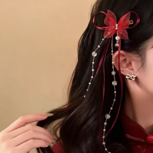 Mới Phong Cách Trung Quốc Nơ Ruy Băng Tóc Nữ Đỏ Dài Tròn Hạt Tua Rua Bên Kẹp Cổ Phù Hợp Với Mũ Đội Đầu Phụ Kiện Tóc